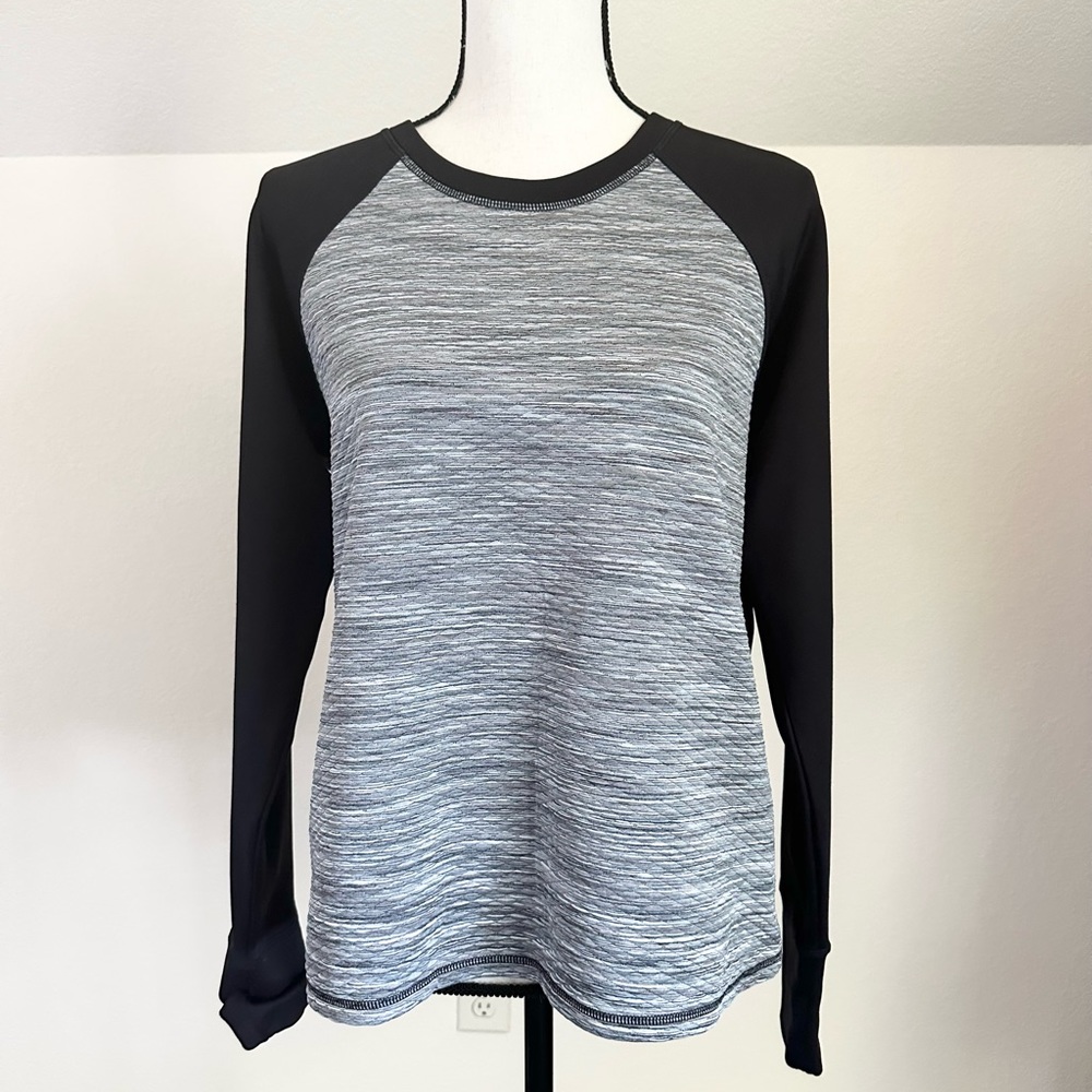 Athleta Pullover L Snowscape Quilted Raglan Long Sleeve Color Block Black Gray